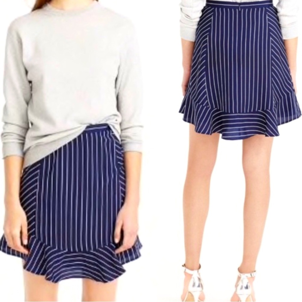 J. Crew Navy Blue Pinstripe Ruffle Skirt 0
